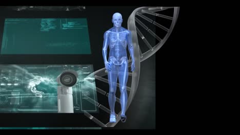 Animación-De-Una-Cadena-De-ADN-Girando-Con-Procesamiento-De-Datos-Y-Una-Figura-Humana-Azul-Caminando.