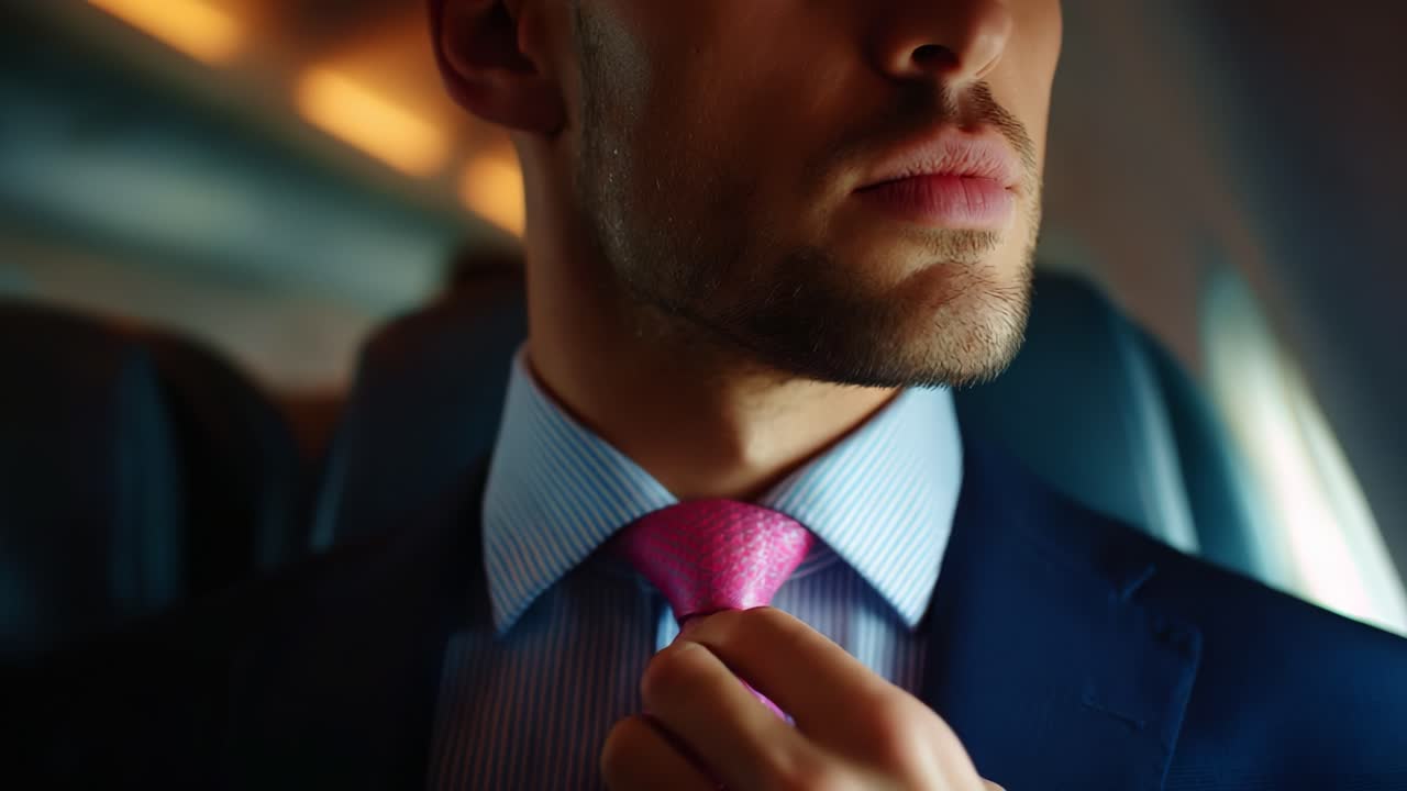 A Stylishly Dressed Man Adjusts His Pink Tie While Seated In An Airplane Cabin, Capturing The Essence Of Confidence And Sophistication Amidst Travel