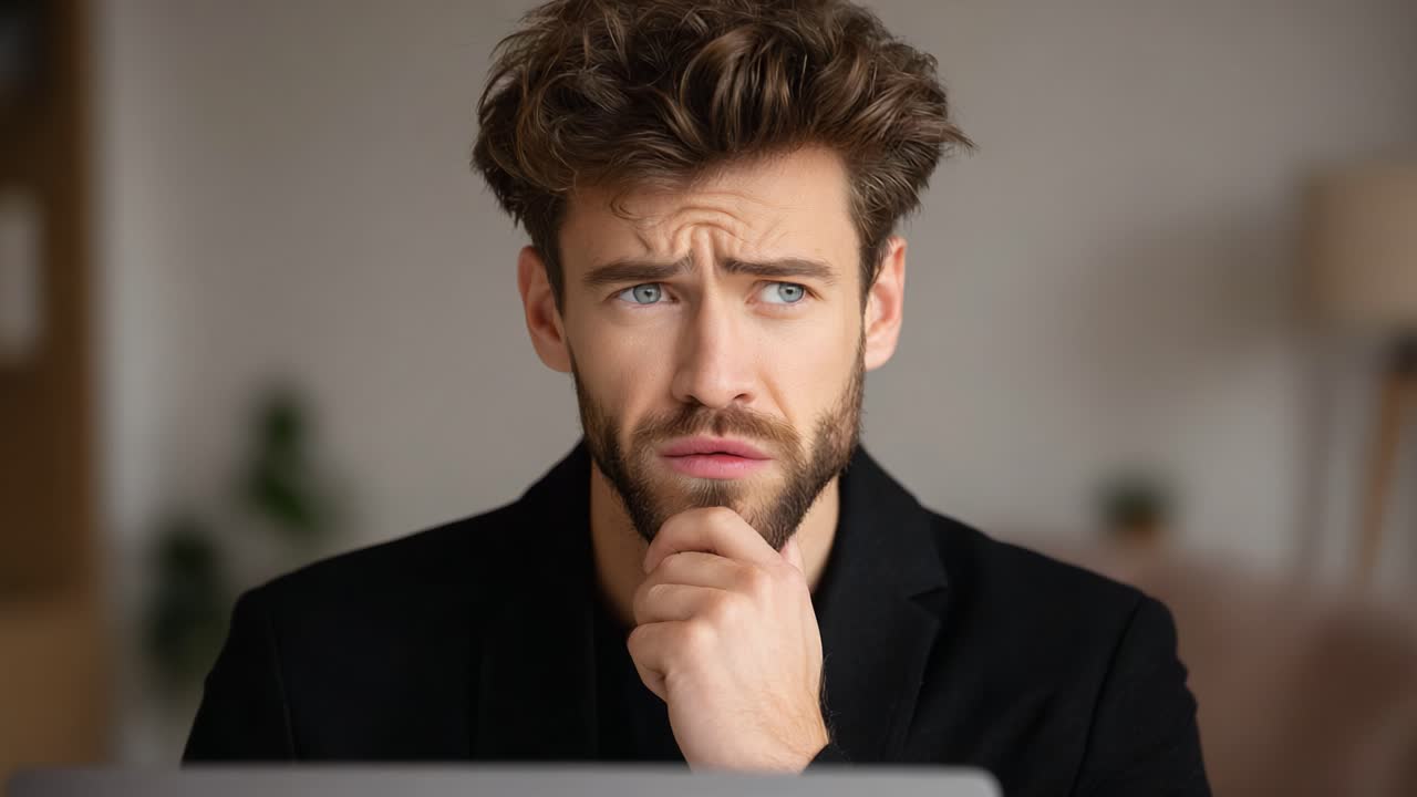 A young man in deep thought contemplates life decisions while sitting at his desk, showcasing feelings of contemplation and curiosity as he stares at his computer screen