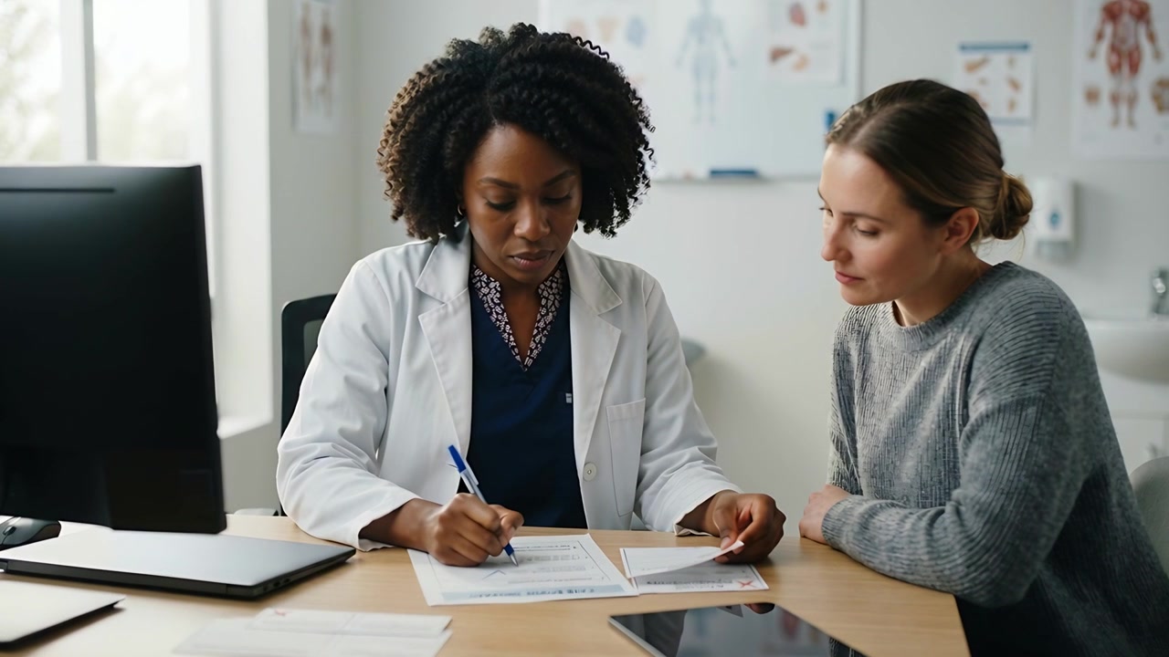 Un clinicien en blouse blanche examinant et remplissant un formulaire avec un stylo bleu à un bureau de clinique.