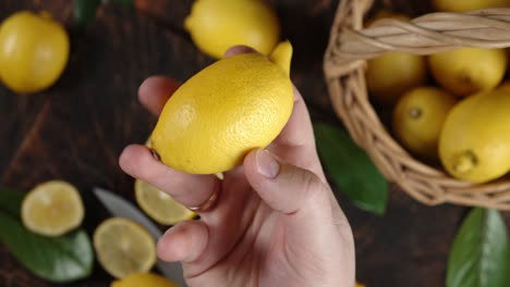 male hand turns the ripe lemon.