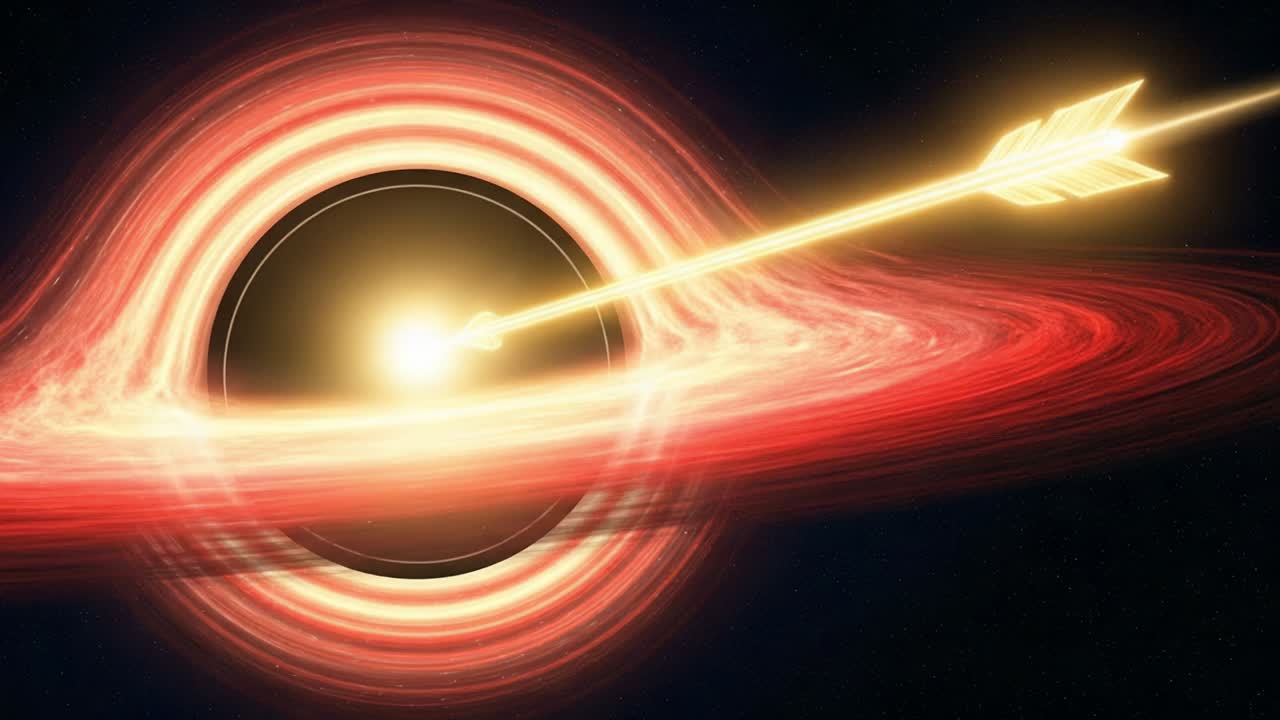 A Stunning Cosmic Scene: An Arrow of Light Pierces the Dark Heart of a Black Hole Surrounded by a Vibrant Accretion Disk of Fiery Gas and Radiant Energy