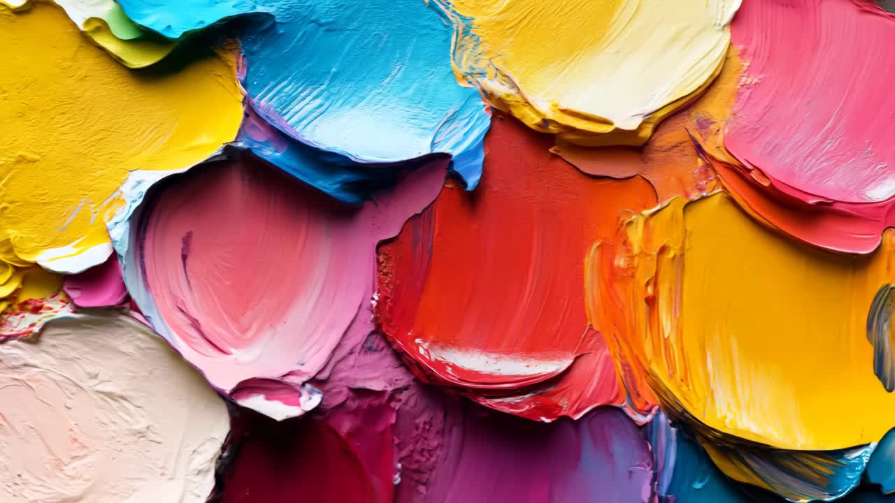 A painting of a colorful swirl of paint with a yellow center. The painting is full of bright colors and has a feeling of energy and movement