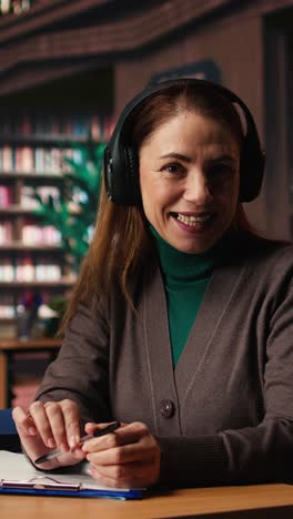 vertical video female student joins a remote video call for an online university course