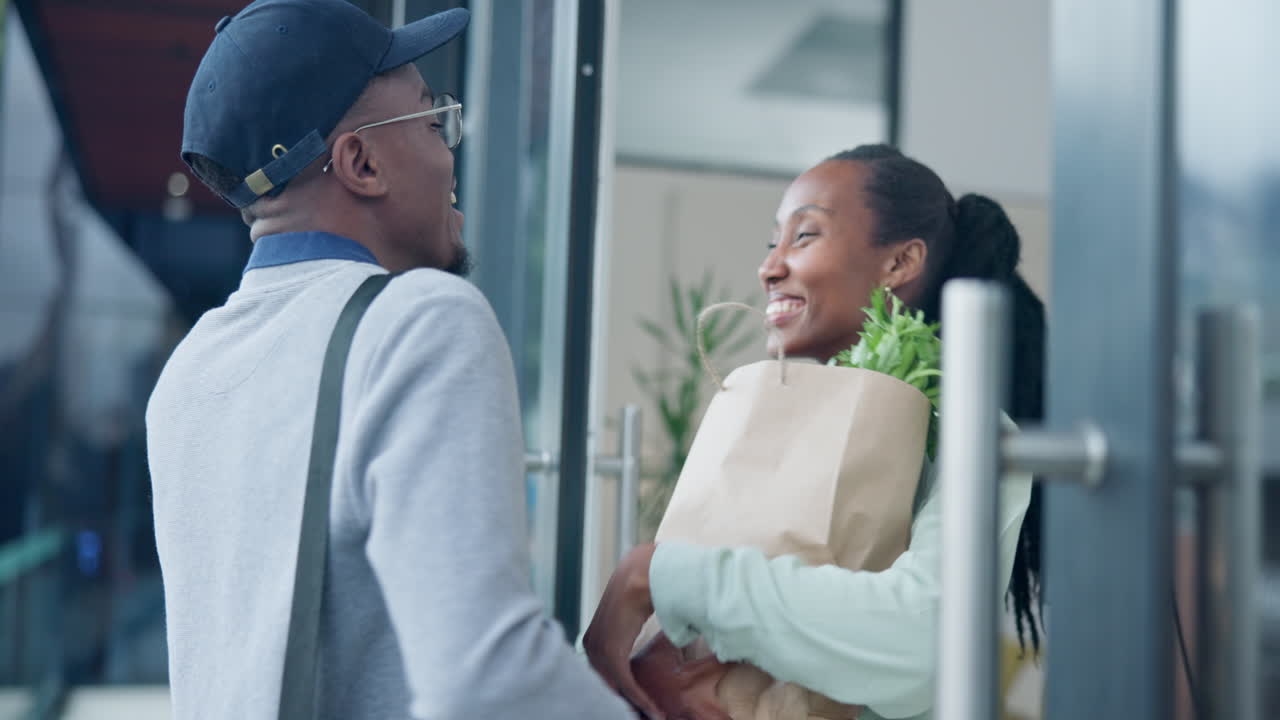 Black woman, bag and groceries