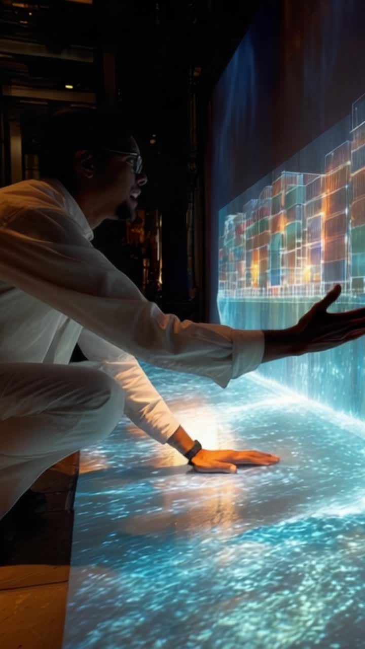 Interação envolvente com projeções digitais: Uma pessoa explora visuais interativos de dados e gráficos vibrantes em um ambiente futurista.