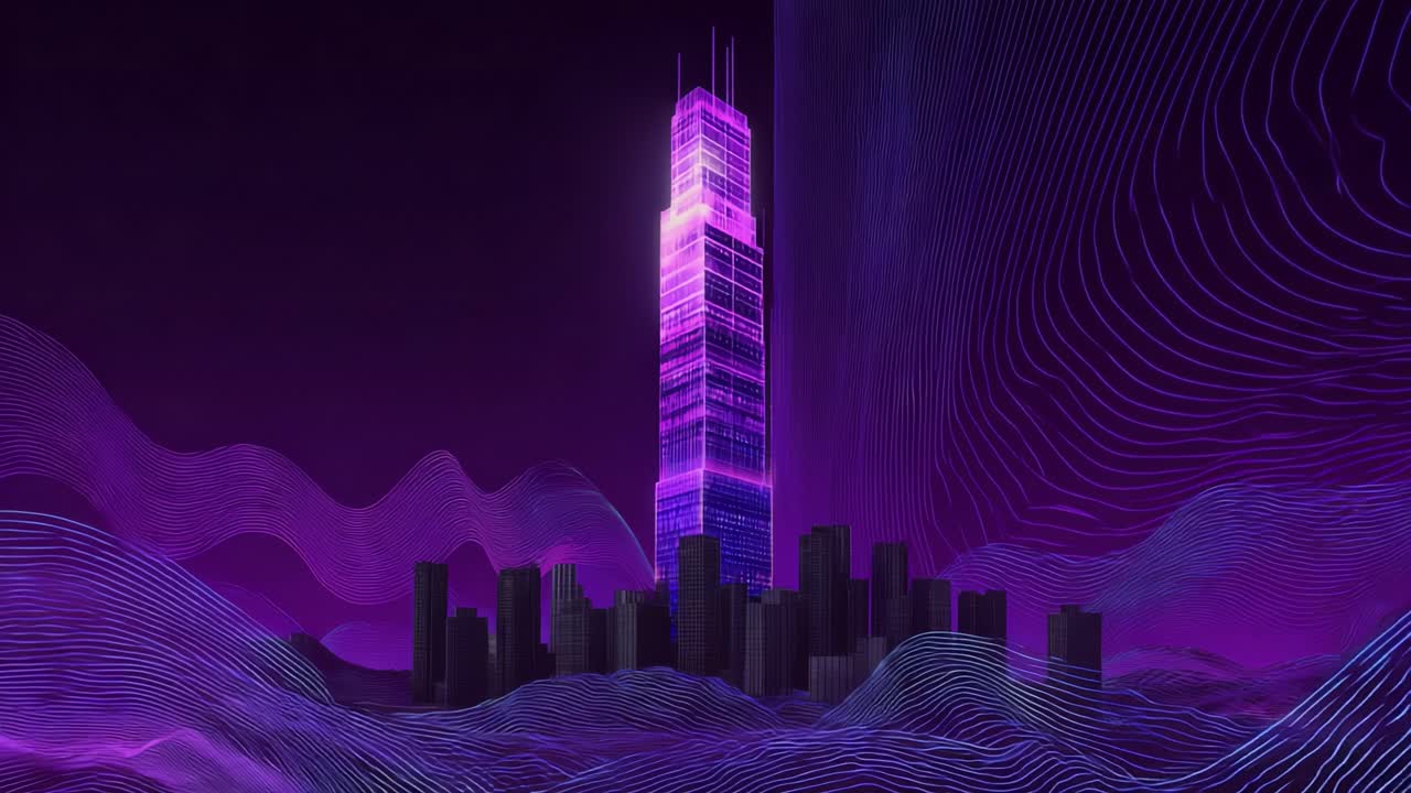 Animasi berulang yang menampilkan kota digital dengan gedung pencakar langit bercahaya ungu mencolok yang dikelilingi oleh lanskap abstrak yang terbuat dari garis-garis bercahaya, yang mewakili kota metropolitan futuristik di metaverse