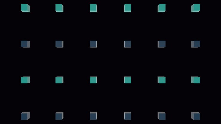 Animation of explosion over rows of blue cubes on black background