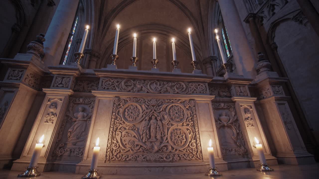 A dramatic low-angle video captures a grand cathedral altar, adorned with candles and flowers