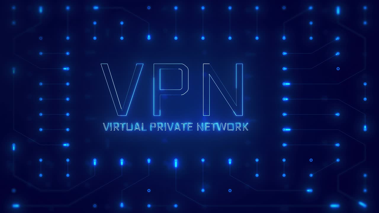 回路基板の背景に光るVPN（バーチャルプライベートネットワーク）のテキスト