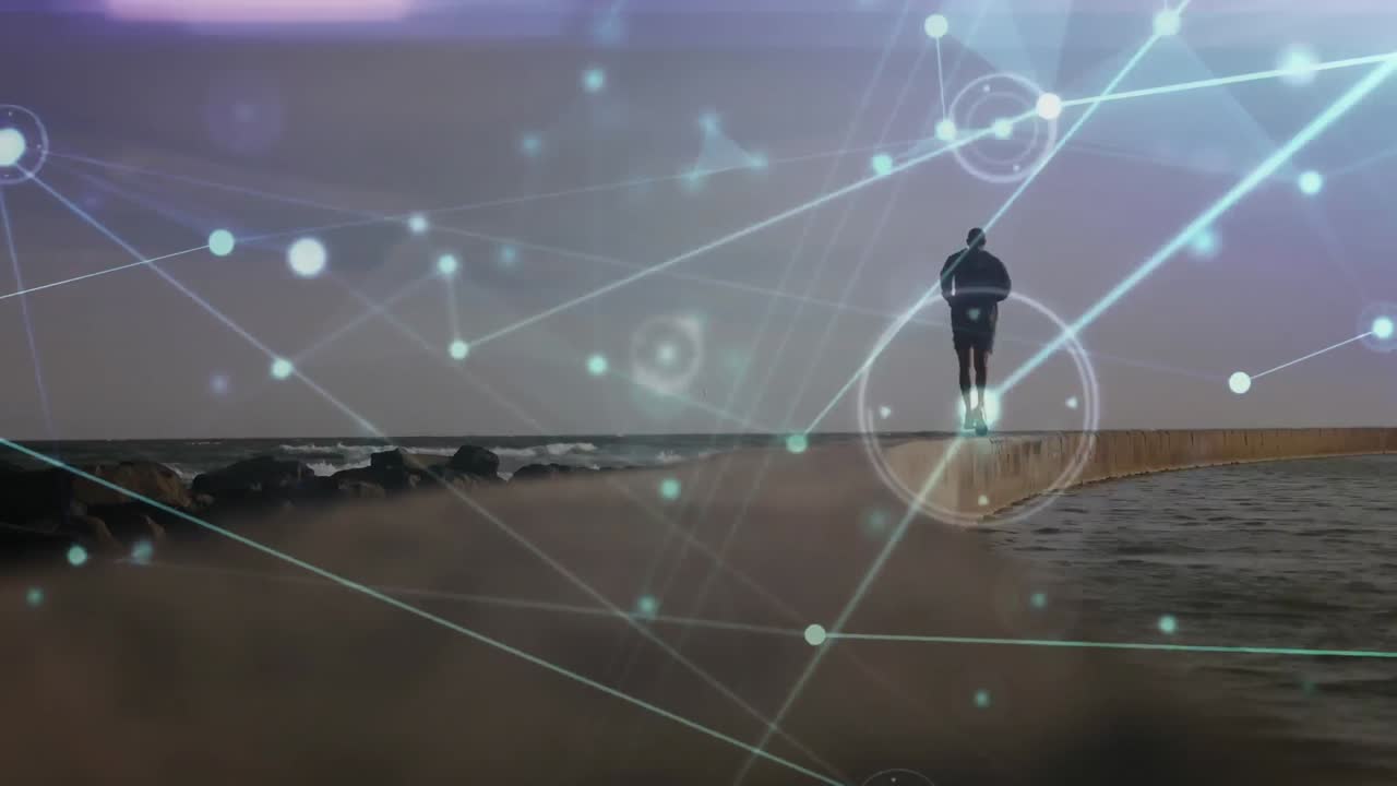 Animation of network of connections and data processing over man running