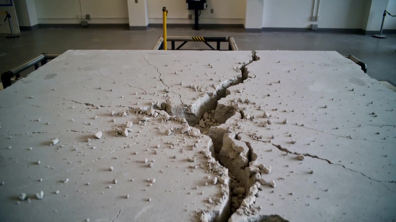 Splitting cast concrete panel with existing crack initiating spalling in testing room, with rubble