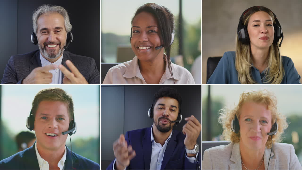 equipe diversificada de call center em uma videoconferência