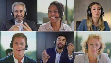 equipo diverso del centro de llamadas en una videoconferencia