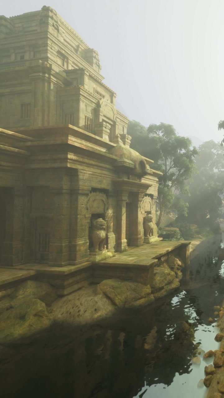Temple complex by river with greenery in early morning light