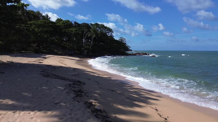 Filmagem aérea com drone da Secret Beach, Koh Lanta, Tailândia, mostrando um litoral tropical remoto com palmeiras, areia fofa e água turquesa cristalina, sem pessoas, criando um refúgio natural intocado.