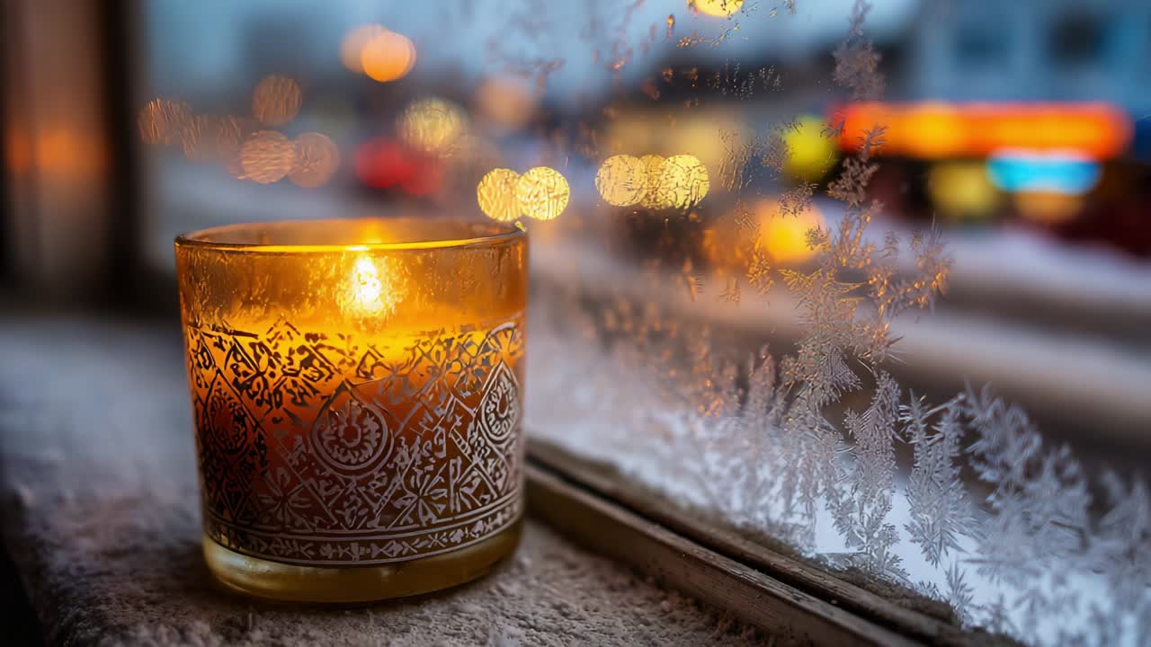 Varmt stearinlys oplyser et frostklart vindue på en kold vinteraften og skaber en hyggelig og indbydende atmosfære med smuk bokeh-effekt fra udendørs lys i skumringen