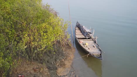 a traditional fishing boat at the shore of mangrove forest of sunderban islands in 24 parganas west benagal india