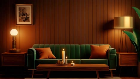 warm, retro living room scene with mid-century decor. low-angle shot highlights a green sofa, wooden
