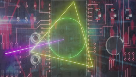 Animación-Del-Alcance-Del-Neón,-Procesamiento-De-Datos-Digitales-Sobre-Placa-De-Circuito-De-Computadora