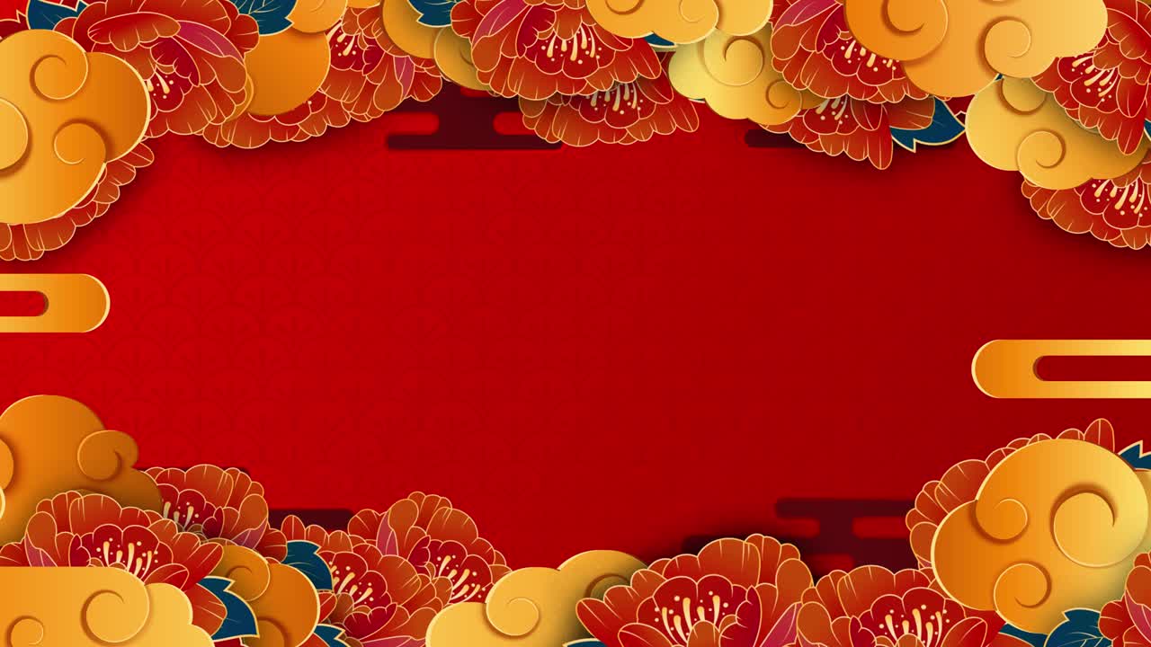 año nuevo chino, feliz año nuevo, fondo tradicional del año lunar con nubes y flores. animación de video de bucle 4k sin fisuras con espacio de copia.