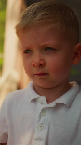 child stands near glass wall with frame at glamping. little boy rests in deluxe camping with dome cabin. adorable kid stands in hotel room closeup