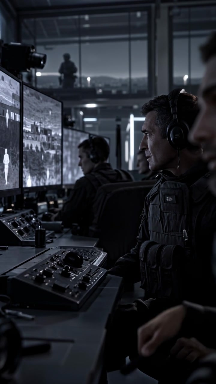 View moves right past seated people at monitoring workstations, revealing bright human figures and a vehicle on grayscale screens beneath cool low light and layered foreground equipment.