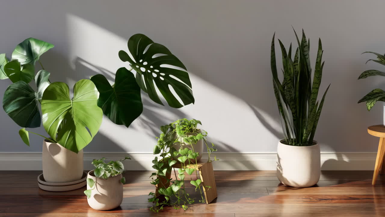 Collection of Indoor Potted Plants Bathed in Sunlight