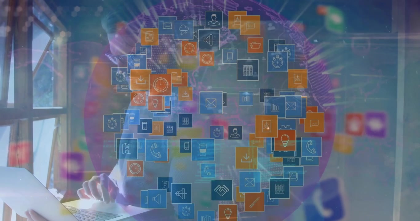 Animation of networks of connections with social media notifications over woman using smartphone