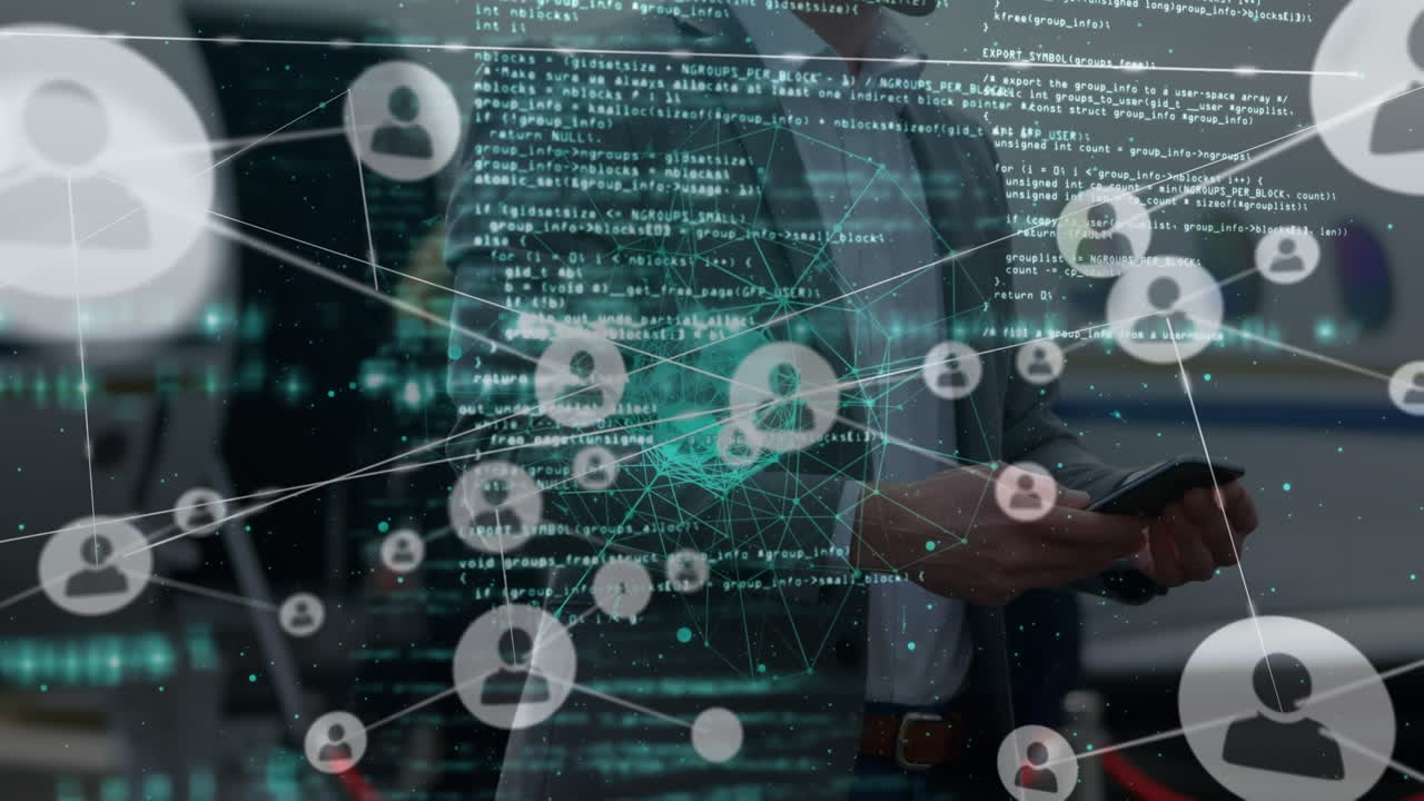Animation of network of connections over hands of caucasian businessman using smartphone