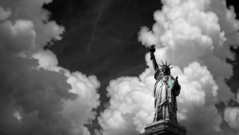 dramatic black and white composition revealing moving clouds drifting behind iconic liberty statue, symbolizing freedom and national heritage against atmospheric sky backdrop