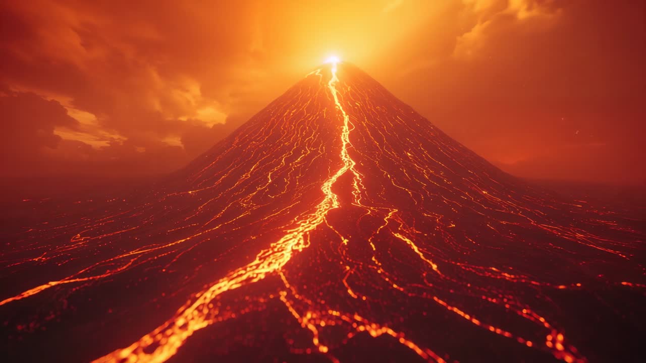 Opening showing cone erupting on mountain slope, lava streaming down flank, illuminating ash clouds