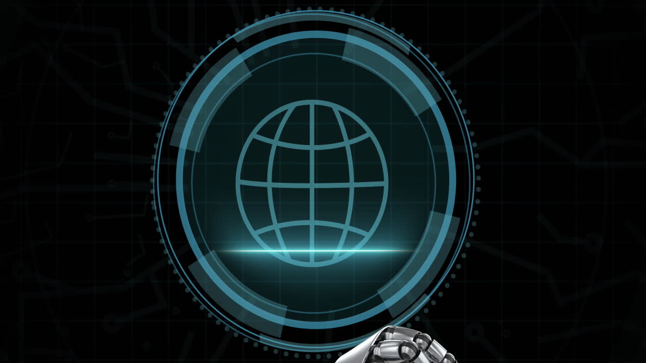 animación del icono digital del escudo y procesamiento de datos con brazo de robot sobre fondo negro