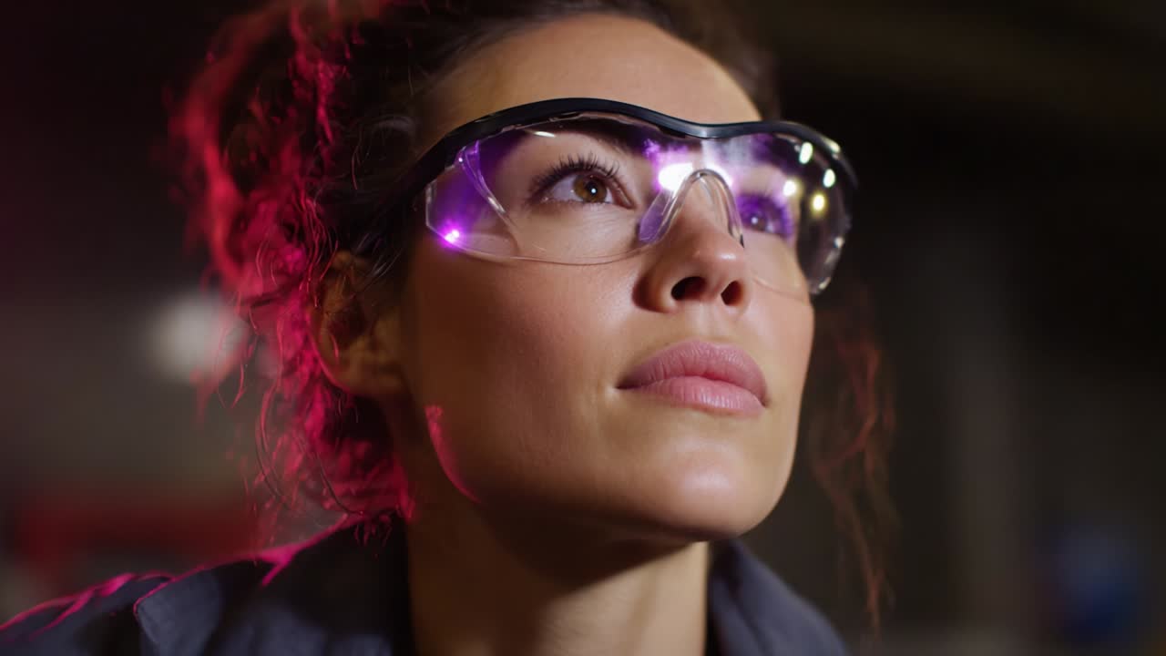 Close-up Portrait of Young Woman Wearing Safety Glasses, Gazing Upwards with Resolve and Determination, in a Dimly Lit Environment with a Subtle Colorful Background Glow Emphasizing Focus and Concentration