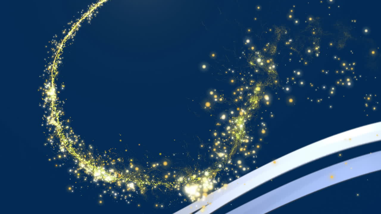 하색과 파란색 줄무와 황금색 렌즈 플레어가 파란색 배경에 비행하는 애니메이션