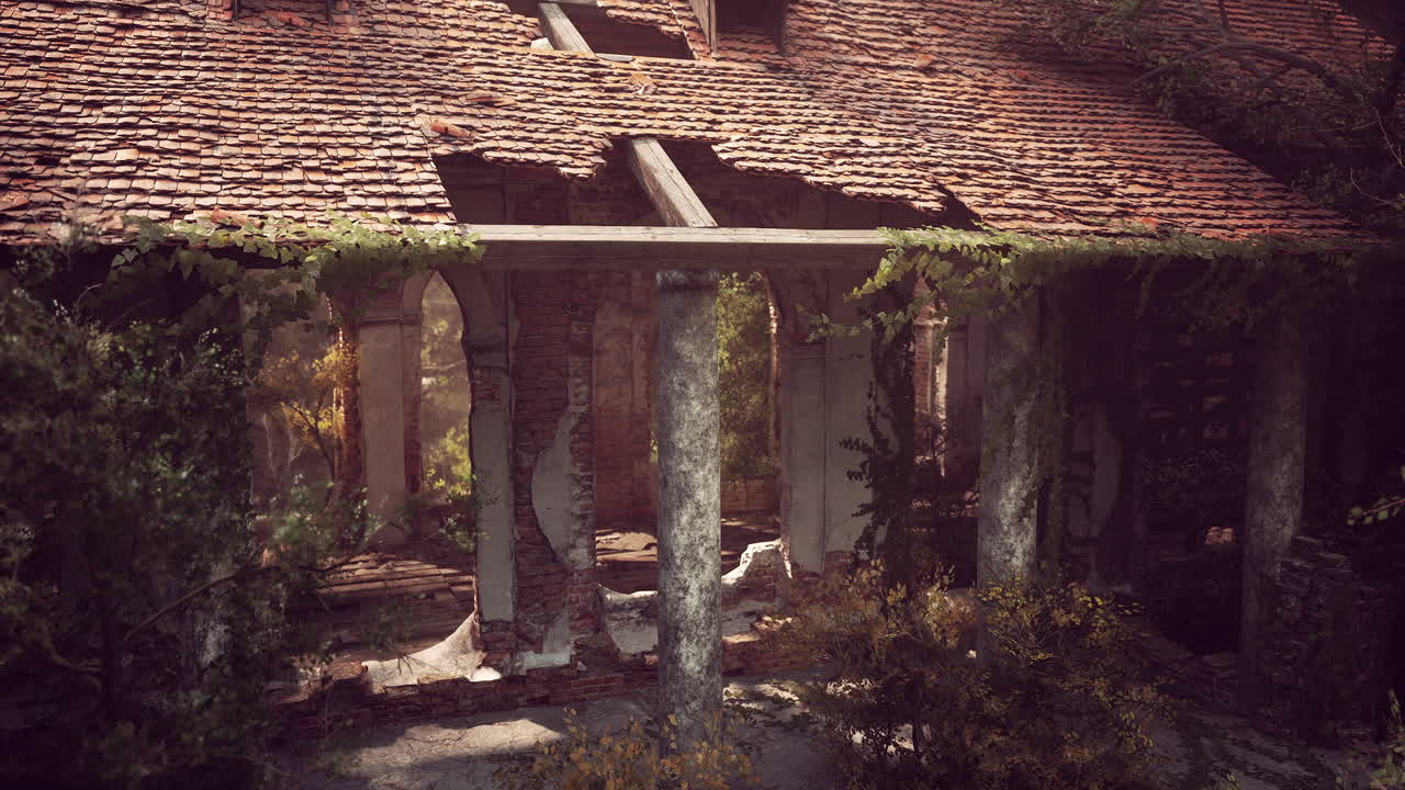 초록색으로 뒤인 버려진 건물 폐허