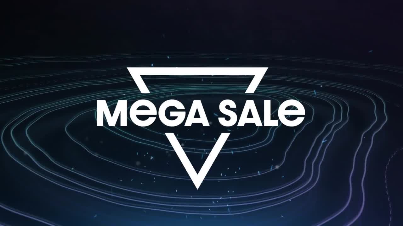 검은색 배경에  ⁇ 색 부분과 지형 위에 메가 판매 텍스트 배너의 애니메이션