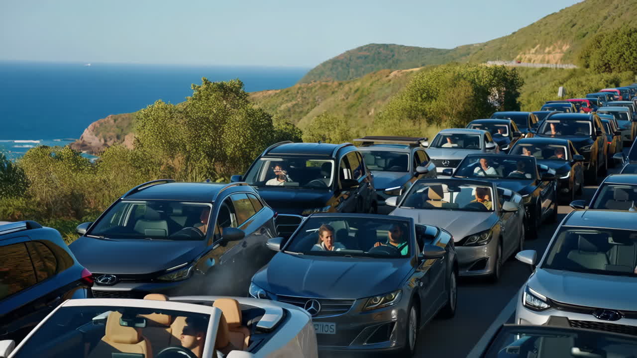 Long traffic jam on a scenic coastal road