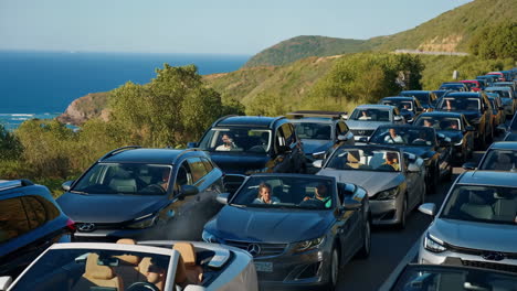 long traffic jam on a scenic coastal road