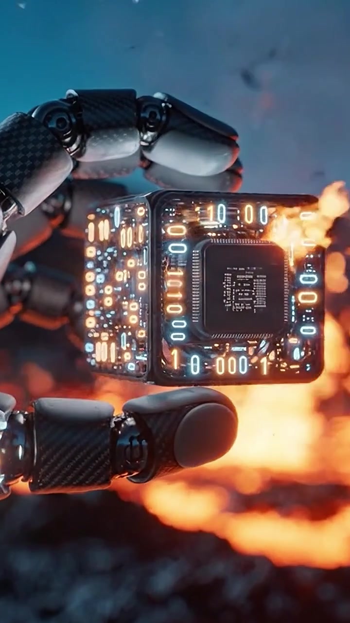 A robotic hand delicately holds a glowing cube amidst a fiery volcanic landscape, showcasing a fusion of technology and the raw power of nature in a stunning visual contrast.