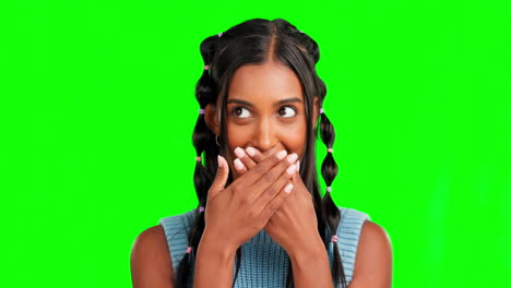 woman, hands cover mouth and green screen studio