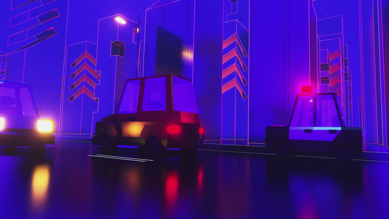 coche de policía conduciendo en la ciudad. vj retro 80s fondo fantasía día y noche serie. loop capaz de video de stock