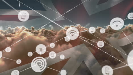 animazione della rete di connessioni di icone con wi-fi su bandiera del regno unito e nuvole