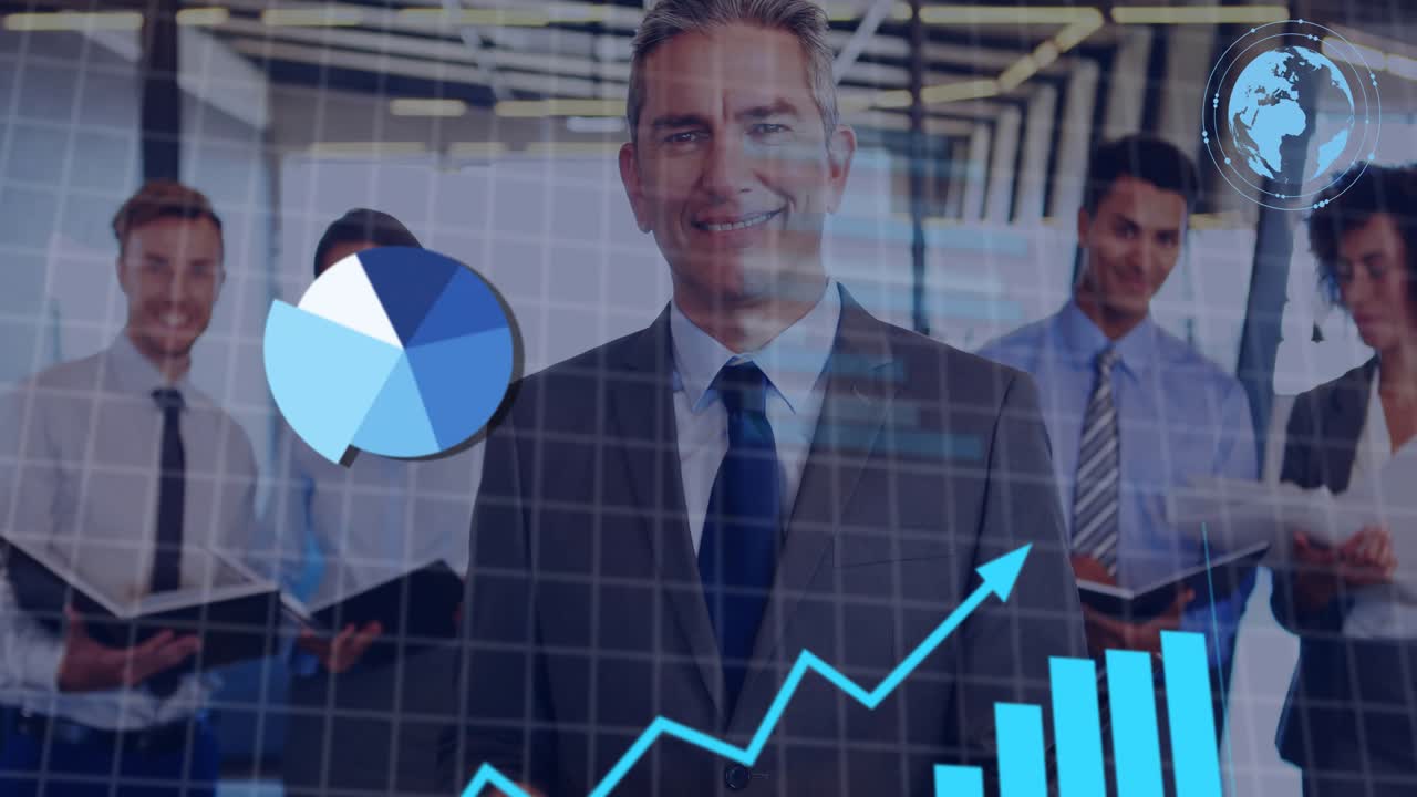 Empresario con animación de gráfico circular y gráfico de barras sobre un fondo de oficina