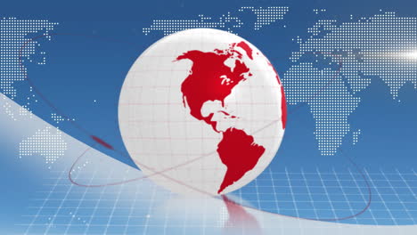 rotating globe with red lines animation over world map background