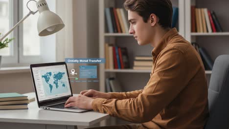 a young adult engaged in online research and data analysis at a modern workspace with a laptop, focused on global maps and digital trends
