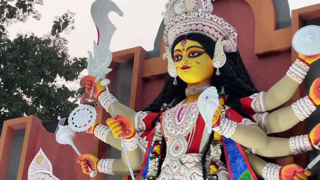 Durga idol with Daaker saaj at Red Road procession in Kolkata, India.