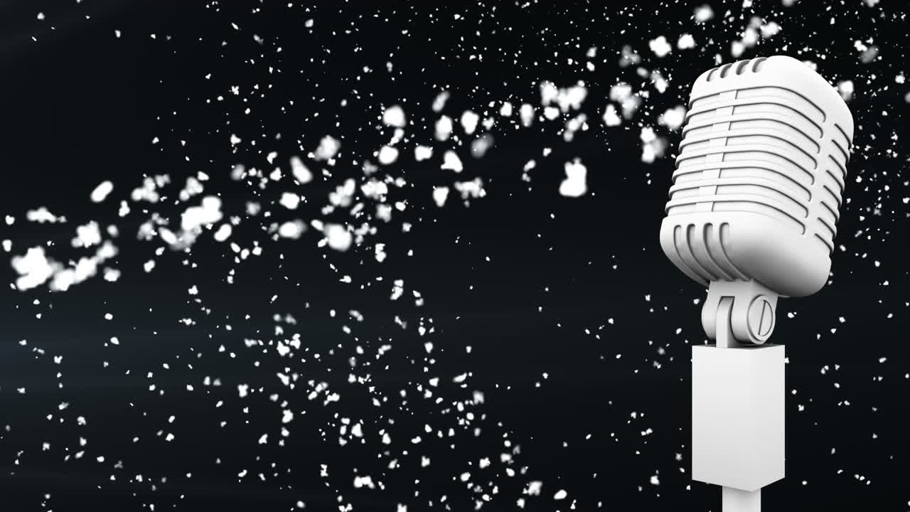 검은색 바탕에  ⁇ 는 별이 있는 레트로 은색 마이크의 애니메이션