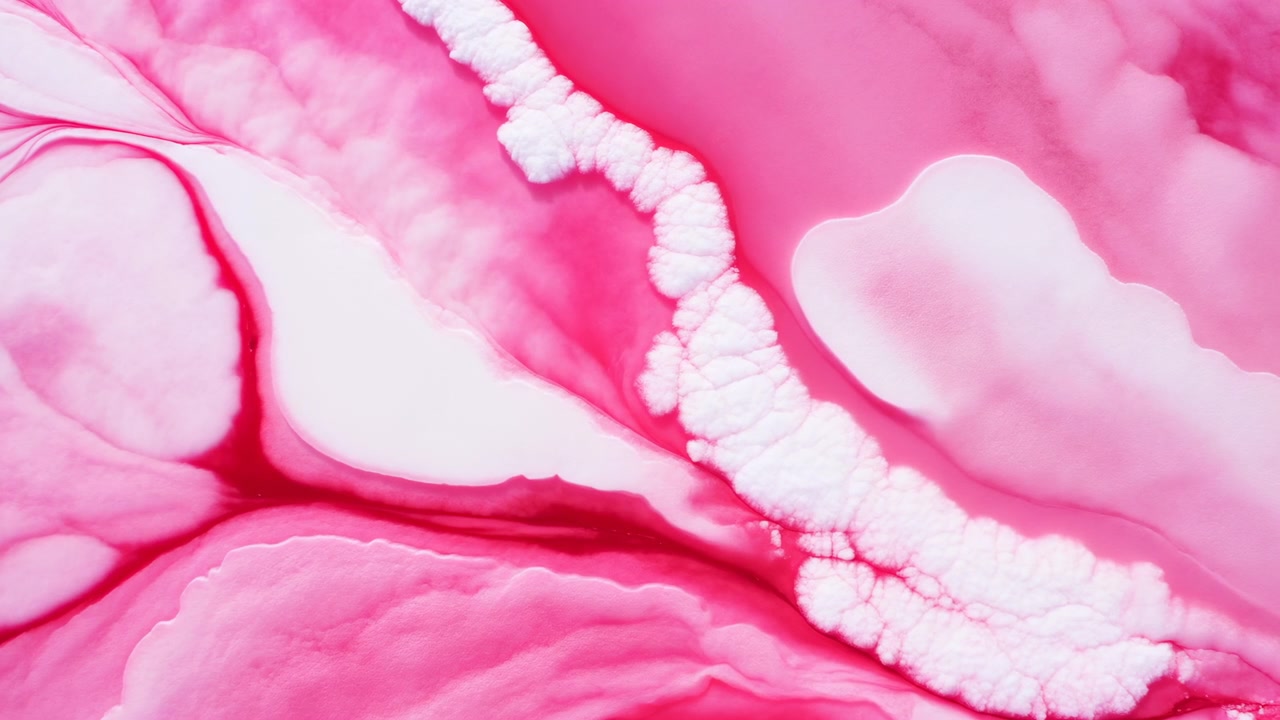 Closeup overhead view of pink liquid pools divided by irregular white ridge shifting diagonally, with slow diffusion, granular clustering, soft contrast, organic flowing movement, and decorative