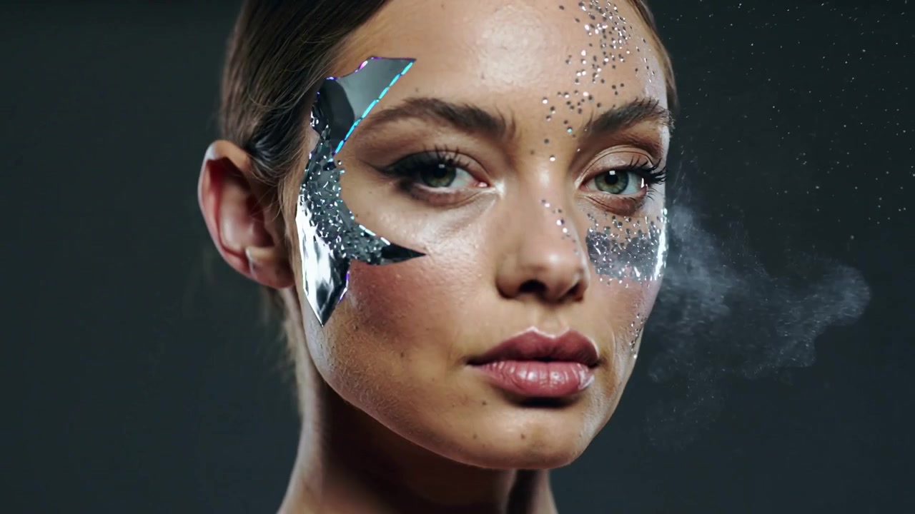 Transforming model with bun showing glitter merging during frame cuts in studio lights, makeup demo
